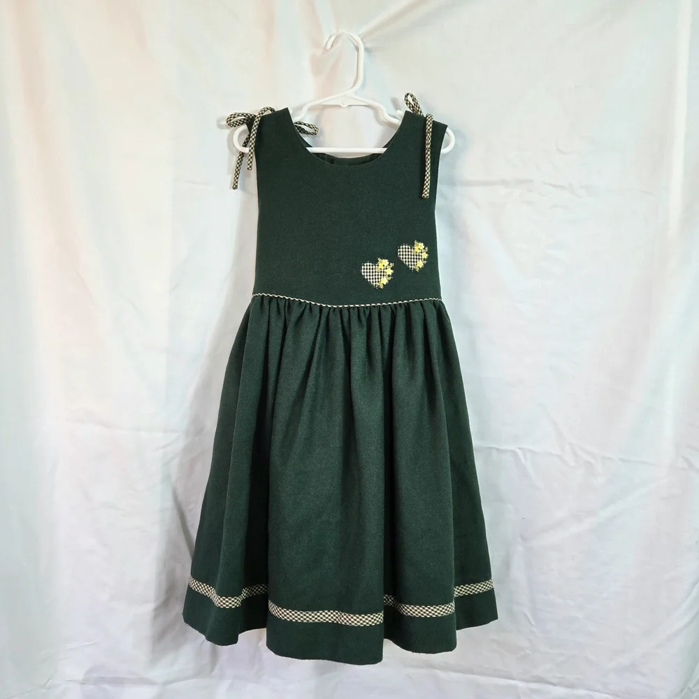 Pamela Chicas Girls Green Sleeveless Heart Gingham Accent Wool Dress 5 Vtg Spain